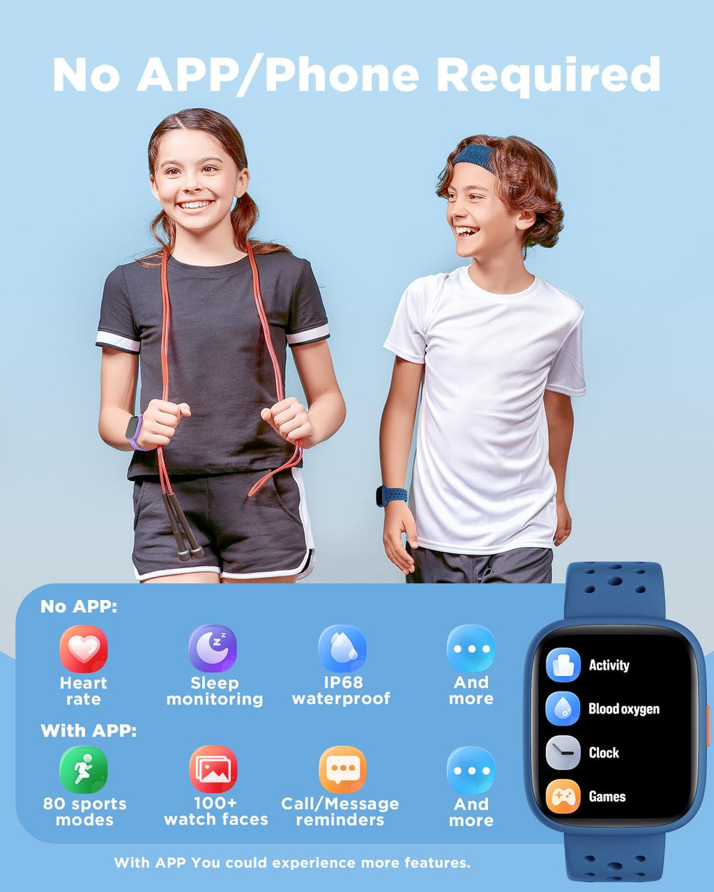 BIGGERFIVE Smart Watch for Kids, 1.8" Fitness Tracker Watch Pedometer, Heart Rate, Sleep Monitor, IP68 Waterproof, Calorie Step Counter, Puzzle Games with/Without APP for Girls Boys Teens 5-16, Blue 🍁 All In One Marketplace Canada