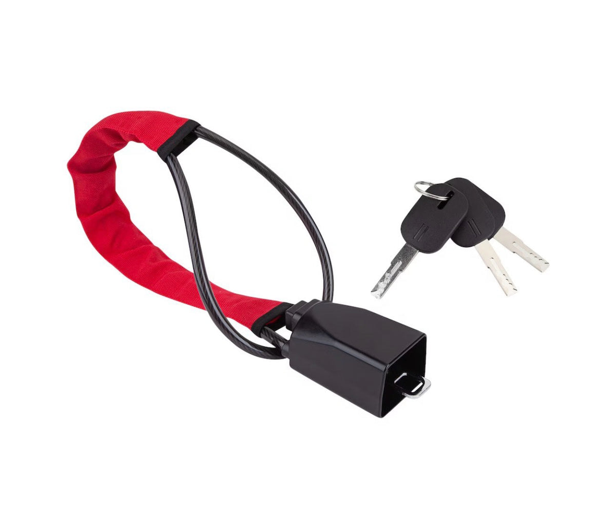 KMD MarketHub red fabric-covered steel cable steering wheel anti-theft lock with two keys on a white background