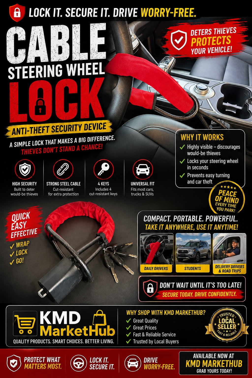 KMD MarketHub red cable steering wheel anti-theft lock with protective sleeve and four keys for vehicle security
