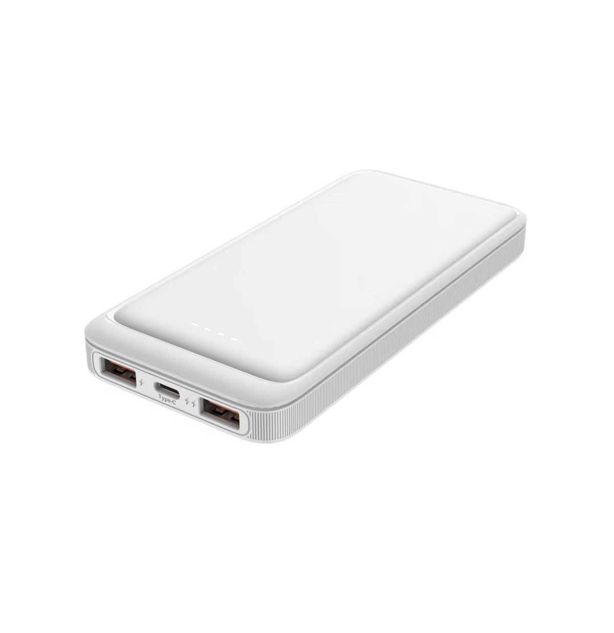 KMD MarketHub Blue Hive 20,000 mAh portable power bank in white with USB-C port and LED battery indicator lights.